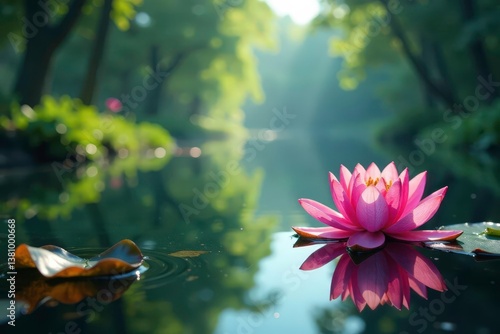 Intricate floral design reflected on calm lake surface, lake background, botanical pattern, flowers