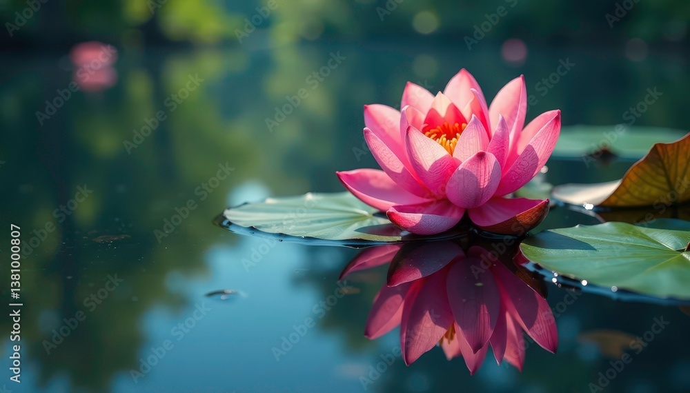Intricate floral design reflected on calm lake surface, pond, art