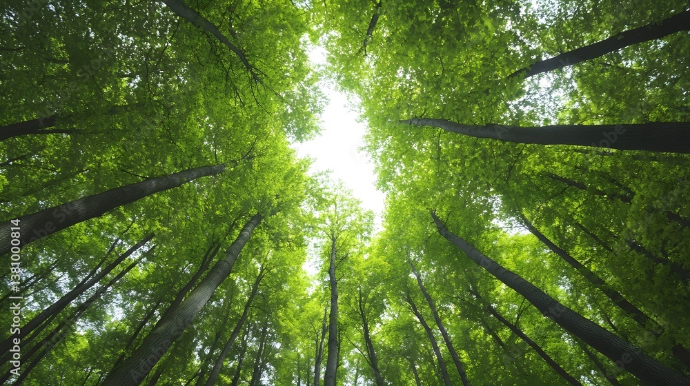 Naklejka premium Vibrant Green Forest Canopy Under Clear Sky, Sustainable Eco-Tourism Backdrop