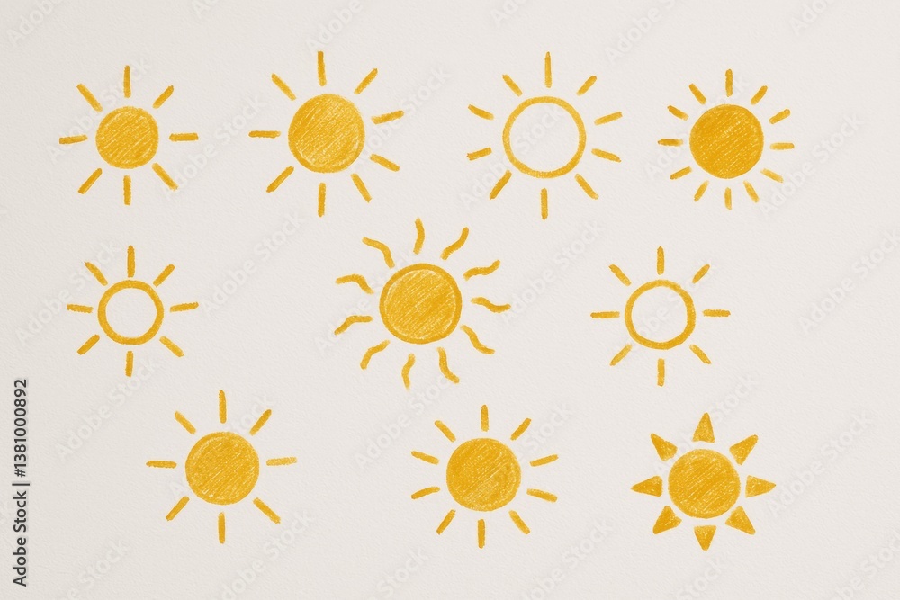 Hand-drawn sun icons collection on a light background Hand-drawn sun icons collection on a light background