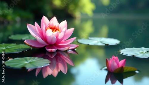 Intricate floral design reflected on calm lake surface, stock, flowers