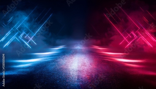 empty show scene background reflection of a dark street on wet asphalt rays of red and blue neon light in the dark neon shapes smoke abstract dark background