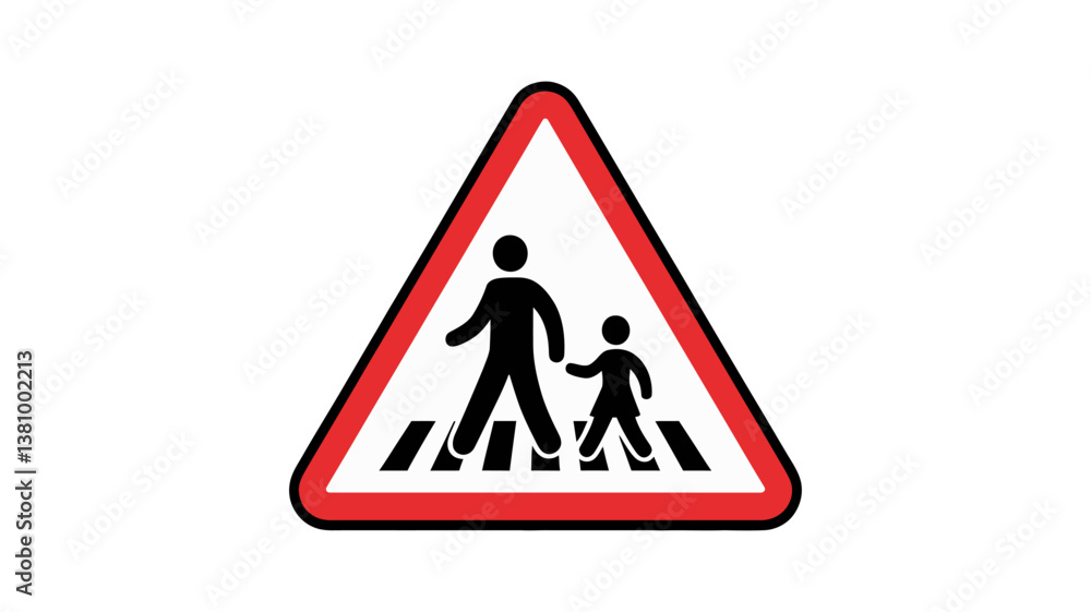 Caution: Pedestrian Crossing Sign: A classic road sign signals caution for pedestrians, depicting an adult and child crossing a crosswalk, framed by a red triangle, against a clean background. Caution: Pedestrian Crossing Sign: A classic road sign signals caution for pedestrians, depicting an adult and child crossing a crosswalk, framed by a red triangle, against a clean background.