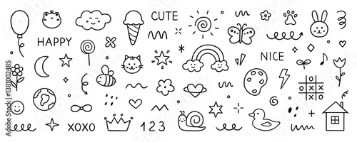 Cute kids elements, preschool kindergarten doodle icons set. Daycare, children drawings, flower, rainbow, cloud, sun, heart in sketch style. Hand drawn vector illustration isolated on white background