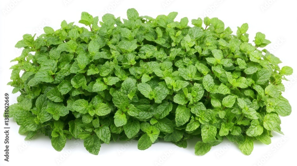 Obraz premium Fresh Green Mint Plant Growing on White Background Close Up View