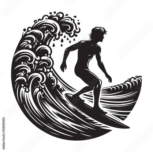 Surfing Icons and Silhouettes vector illustration.