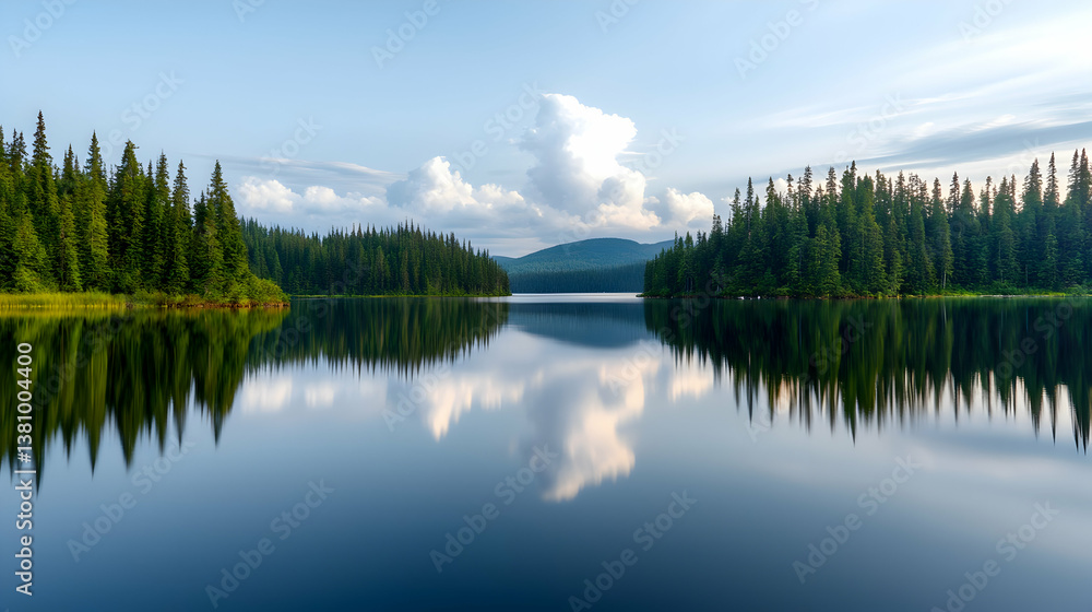 Serene Lake Reflection: Trees Mirrored in Calm Water Under a Cloudy Sky Serene Lake Reflection: Trees Mirrored in Calm Water Under a Cloudy Sky