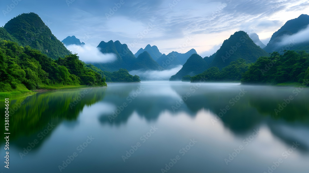 Naklejka premium Serene Mountain Lake at Sunrise with Misty Reflections