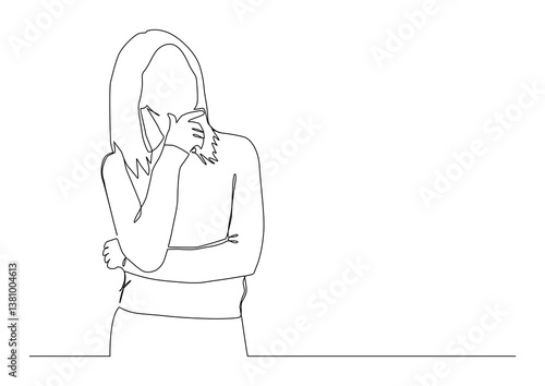 continuous one line drawing of woman confused thinking.