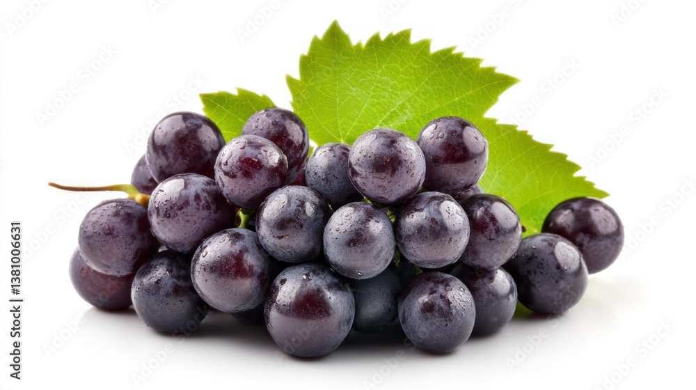 Fototapeta premium Fresh Black Grapes with Leaves on a White Background Studio Shot