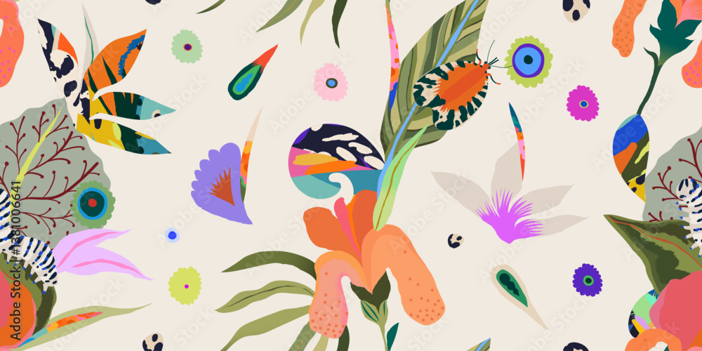 Obraz premium Cute hand drawn flower garden abstract pattern. Dynamic botanical print. Unique fashionable template for design. 