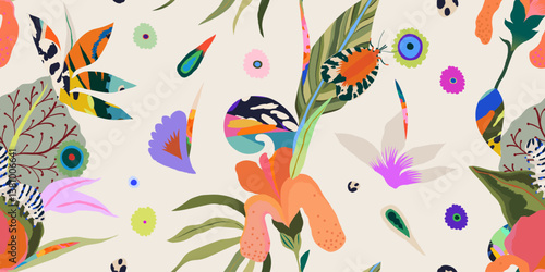 Cute hand drawn flower garden abstract pattern. Dynamic botanical print. Unique fashionable template for design. 