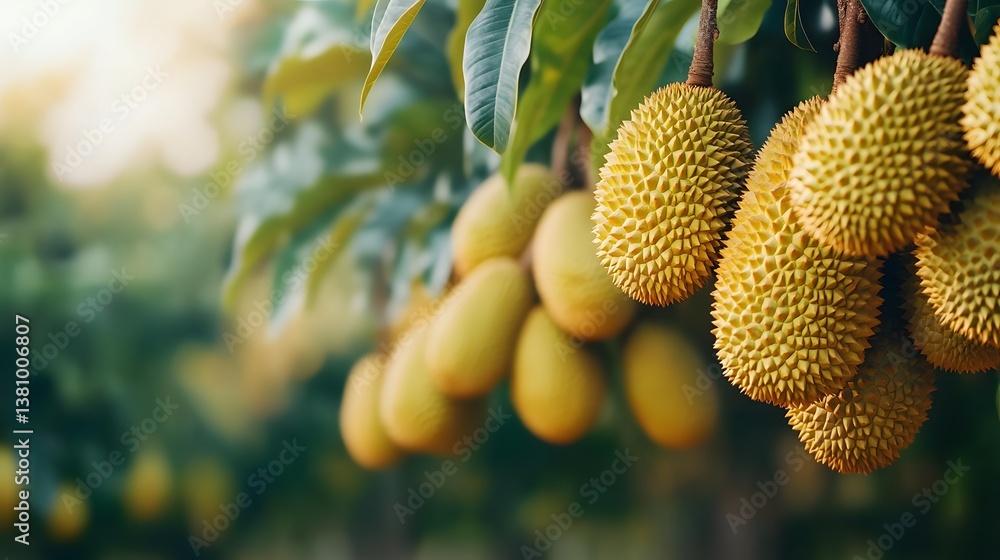 Close-up of Ripe Durian Fruit Clusters Hanging on Tree Branches in Tropical Garden Close-up of Ripe Durian Fruit Clusters Hanging on Tree Branches in Tropical Garden