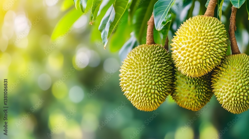 Cluster of Ripe Durian Fruits Hanging from Lush Tropical Tree Branches Cluster of Ripe Durian Fruits Hanging from Lush Tropical Tree Branches