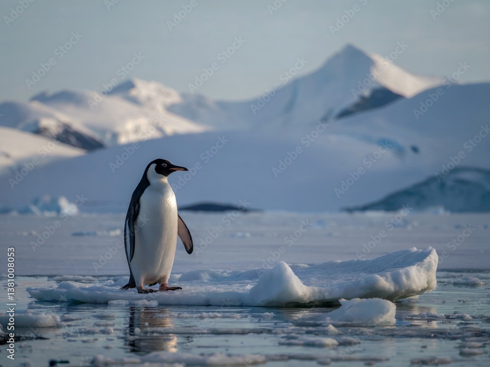 Obraz premium Penguin standing on floating ice in Antarctic landscape, penguin on ice with Antarctic mountains in background, penguin on frozen sea in Antarctic region
