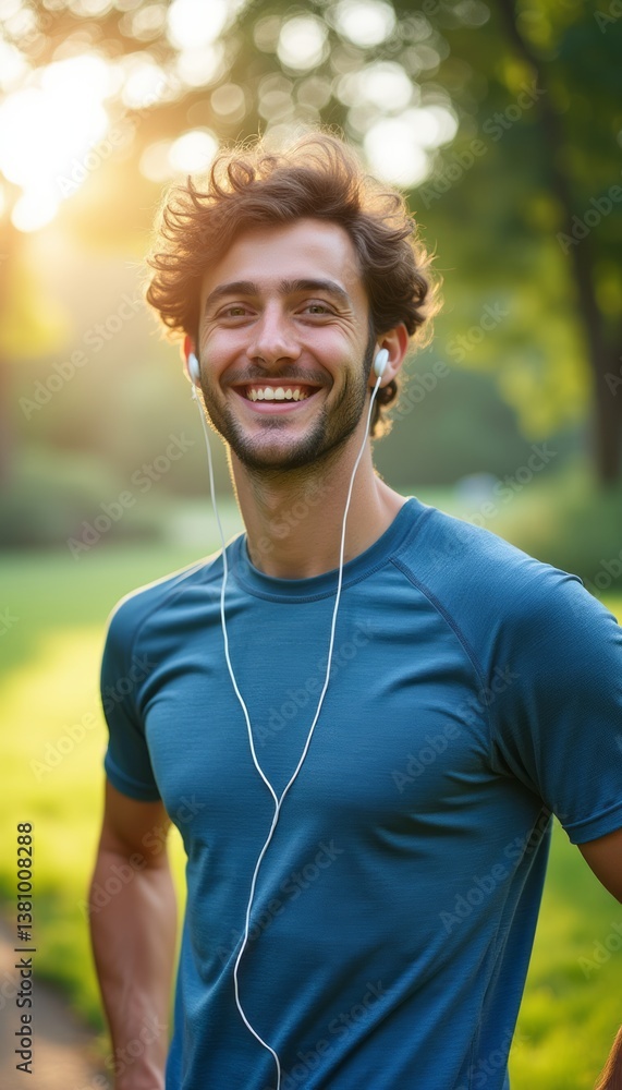 Naklejka premium A vibrant young man with curly hair smiles brightly while jogging in a lush green park, earbuds in place. The warm sunlight filters through the trees, creating a joyful and energetic atmosphere that