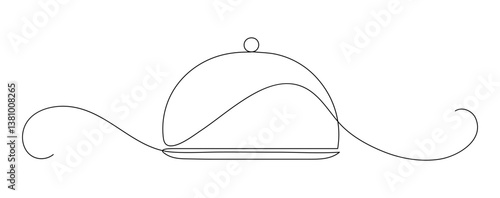 Restaurant. Closed dish or tray with cloche. Continuous line drawing. Food frame border doodle.