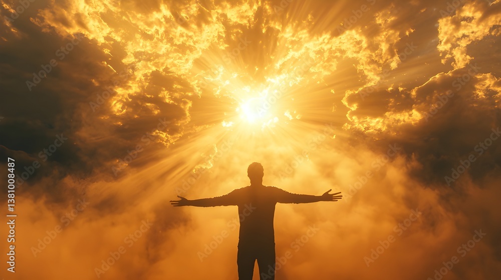 Man with Outstretched Arms Standing in Glorious Divine Light, Silhouette in Golden Sunset Clouds, Spiritual Concept of Faith, Hope, Worship and Connection with Heaven, Cinematic Sunlight Background Man with Outstretched Arms Standing in Glorious Divine Light, Silhouette in Golden Sunset Clouds, Spiritual Concept of Faith, Hope, Worship and Connection with Heaven, Cinematic Sunlight Background