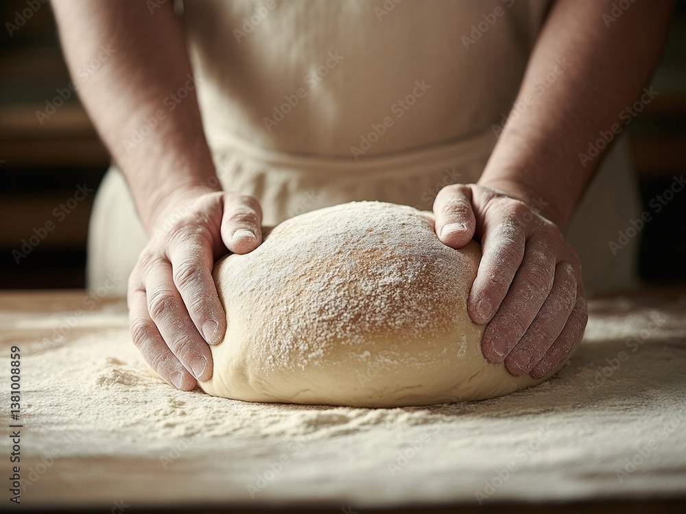 Obraz premium Baker kneads dough preparation on counter floury surface culinary