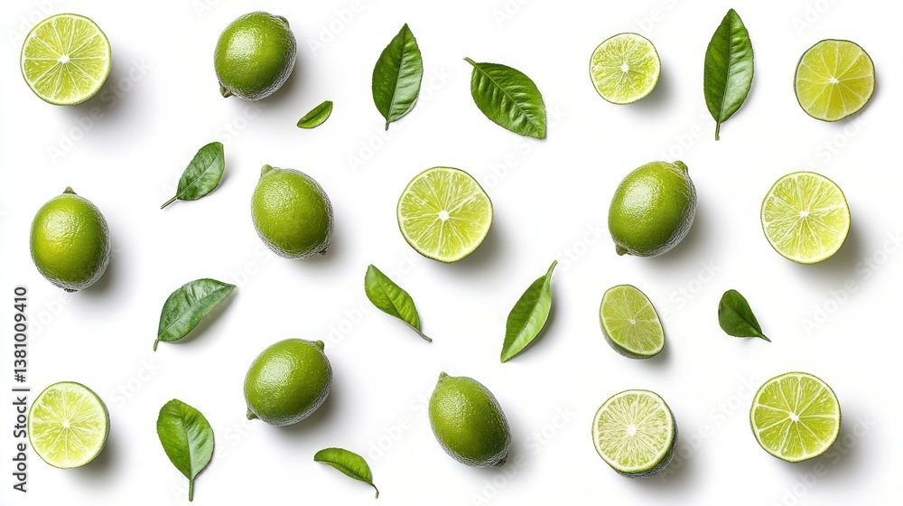 Lime Arrangement with Fresh Green Leaves on White Background Flat Lay Lime Arrangement with Fresh Green Leaves on White Background Flat Lay