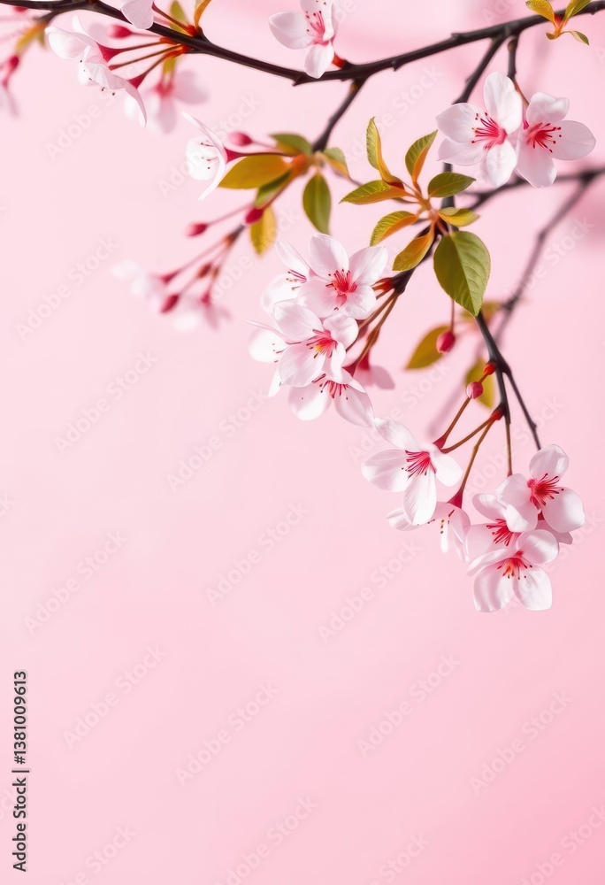 Fototapeta premium Delicate pink cherry blossoms softly falling on a pale pink background, pretty, wallpaper, photography
