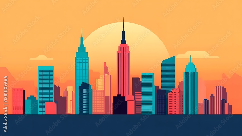 Obraz premium Vibrant Cityscape with Sunset Hues - Bustling Skyscrapers in Flat Design