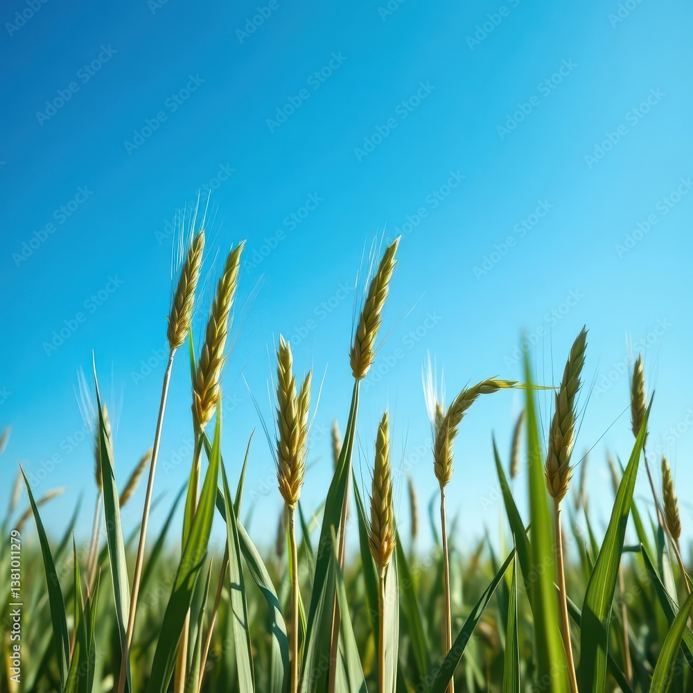 Immature wheat stalks, vibrant green, sway gently beneath a vast, cloudless blue sky, picture, cereal Immature wheat stalks, vibrant green, sway gently beneath a vast, cloudless blue sky, picture, cereal