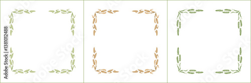 Set of three elegant green and yellow ornamental frame with cereal spikelets, wheat ears, cereal seeds, decorative border. Isolated vector illustration.	
