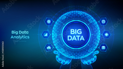 Big data analytics. Big data innovation technology concept. Blockchain network analysis. Artificial intelligence. Hexagonal grid sphere in wireframe hands on blue background. Vector illustration.