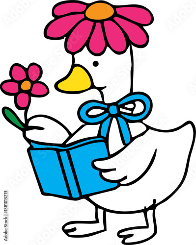 cheerful cartoon goose with flower hat holds book and flower, exuding whimsical charm
