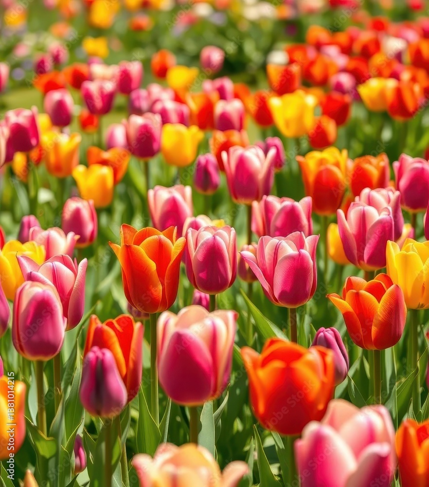 Fototapeta premium Vibrant tulips in a sun-drenched meadow, showcasing a rainbow of colors, bright, sunshine, kaleidoscope