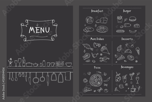 Title page and menu list template for restaurant or cafe. Hand drawn food sketches icons. Doodle chalk design on blackboard