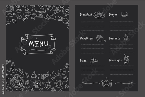 Title page and menu list template for restaurant or cafe. Hand drawn food sketches icons. Doodle chalk design on blackboard - breakfast, main dishes, pizza, desserts and beverages