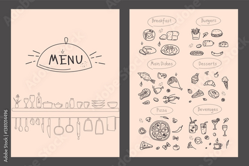 Title page and menu list template for restaurant or cafe. Hand drawn food sketches icons. Doodle chalk design for menu - breakfast, main dishes, pizza, desserts and beverages.