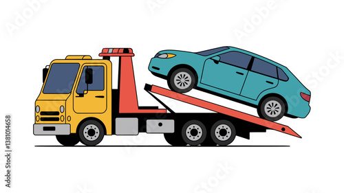 Wallpaper Mural Towing Truck:  A detailed illustration of a tow truck carrying a blue car, set against a simple background, capturing the essence of roadside assistance and vehicle recovery. Torontodigital.ca