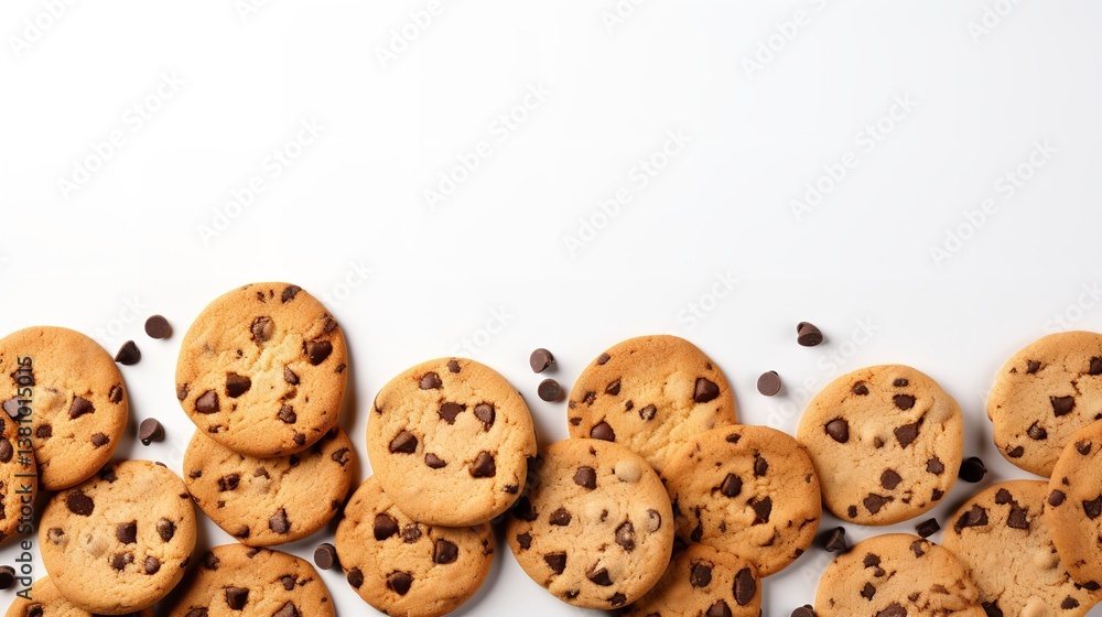 Top view of clean white backdrop decorated as frame with delicious chocolate cookies, Generative AI. Top view of clean white backdrop decorated as frame with delicious chocolate cookies, Generative AI.