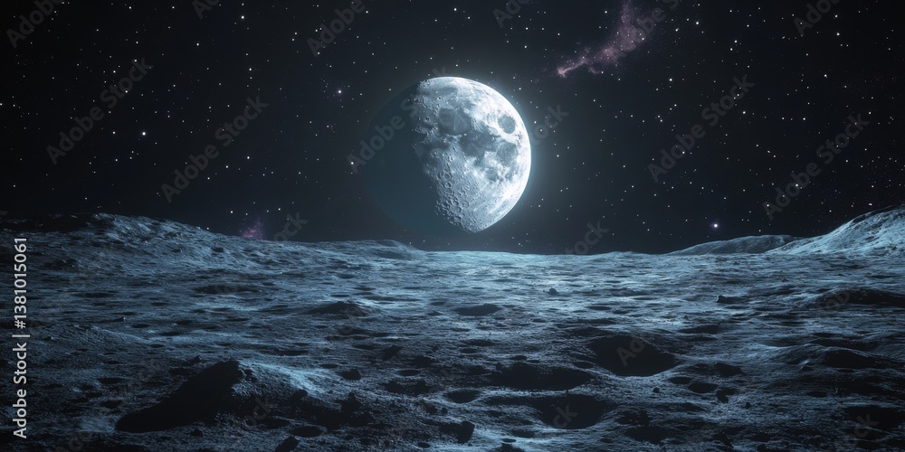 A breathtaking view of a large moon from an alien landscape. Stars twinkle in the background creating a serene atmosphere. Perfect for science fiction projects or space themed designs. AI A breathtaking view of a large moon from an alien landscape. Stars twinkle in the background creating a serene atmosphere. Perfect for science fiction projects or space themed designs. AI