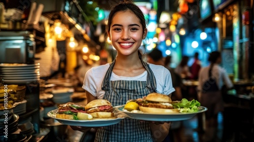 Smiling server holding plates of delicious burgers.  A vibrant street food scene in the background