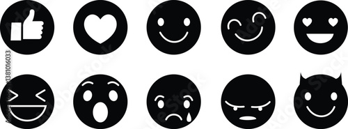 set of vector cute social media positive Emoji faces thumbs up, heart, care, smile, crying laughing, smiling face with heart-shaped eyes icons Happy smiley face or emoticon with transparent background