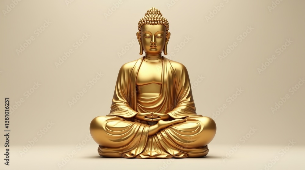 A serene golden Buddha statue sits cross-legged A serene golden Buddha statue sits cross-legged