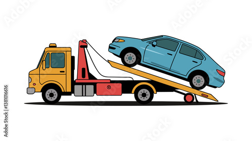 Tow Truck Towing a Car: An illustration of a tow truck in action, with a car being towed onto its flatbed, conveying a sense of roadside assistance and vehicle recovery.