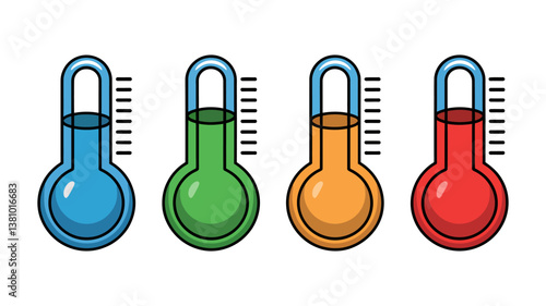 Thermometer Spectrum: An illustrated set of four thermometers displaying a range of colorful temperatures, symbolizing variations, weather conditions and scientific concepts.