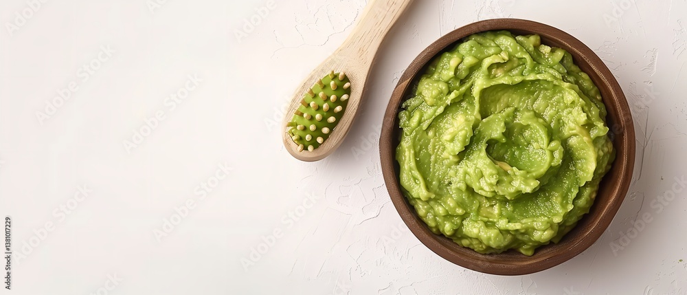 Over a white backdrop, a wooden hair comb and organic avocado pulp in a petite bowl and space, Generative AI. Over a white backdrop, a wooden hair comb and organic avocado pulp in a petite bowl and space, Generative AI.