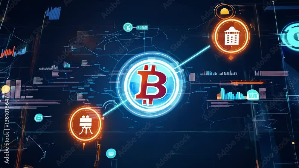 Bitcoin symbol links to finance sectors. Digital system connects trading and economy. Blockchain network maps financial zones. Bitcoin crypto finance system. Blockchain bitcoin financial network.
