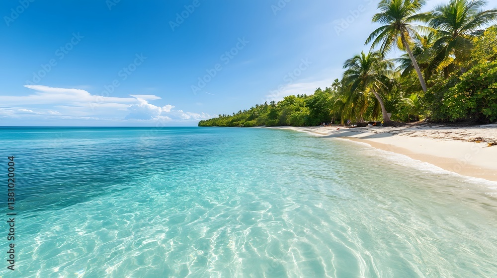 Fototapeta premium Tranquil Tropical Beach Landscape with Crystal-Clear Ocean Waves and Sandy Shore