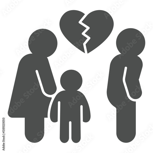 Cheating man with broken heart, woman and child solid icon, family lawyer concept. Vector graphics. Marriage problem sign on white background, glyph style icon for mobile or web design.