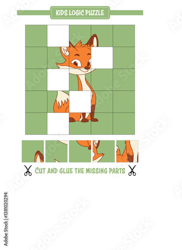 Cartoon fox illustration presented as a kids logic puzzle to cut and glue the missing parts.