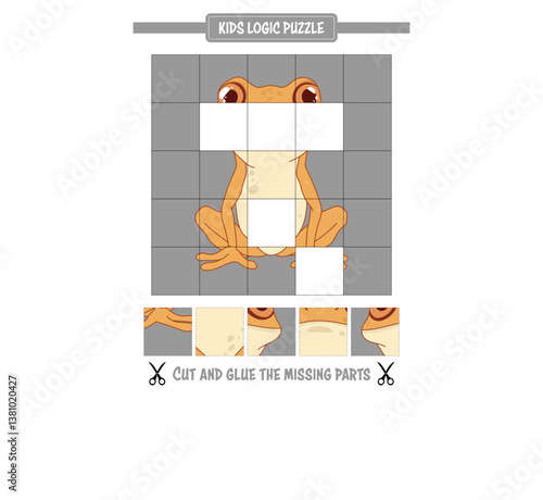 Cartoon amphibian puzzle with missing pieces, inviting kids to cut and glue for completion.