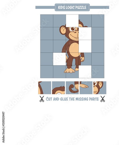 Fun kids logic puzzle with a monkey image that requires cutting and gluing to complete the picture.