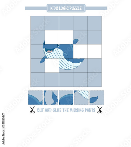 Children's logic puzzle features a blue cartoon whale with missing pieces to be cut and glued in place.